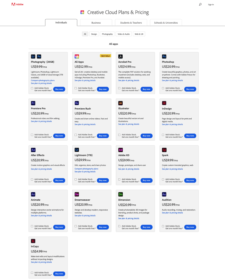 adobe creative cloud pricing