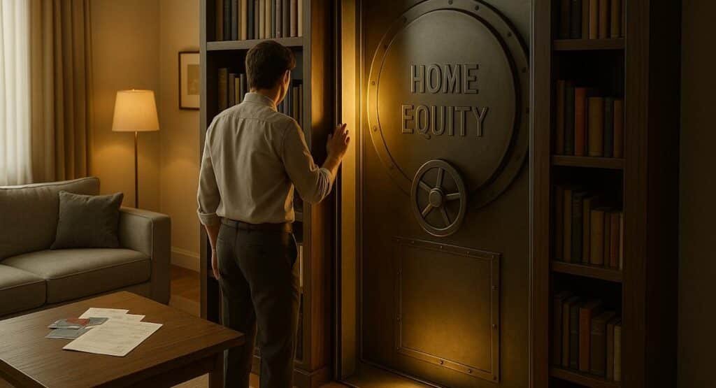 man standing in his living room in front of a steel vault door marked heloc - conceptual representation of how helocs can help reduce debt