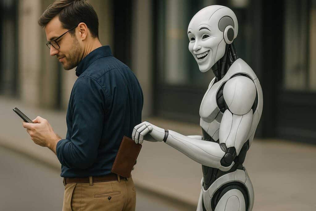 ai robot stealing a wallet from a human - conceptual representation of the limitations of ai tools for personal finance